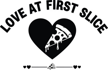 Love at First Slice Logo – Pizza Slice in Heart with Bold Typography, Decorative Line and Icons