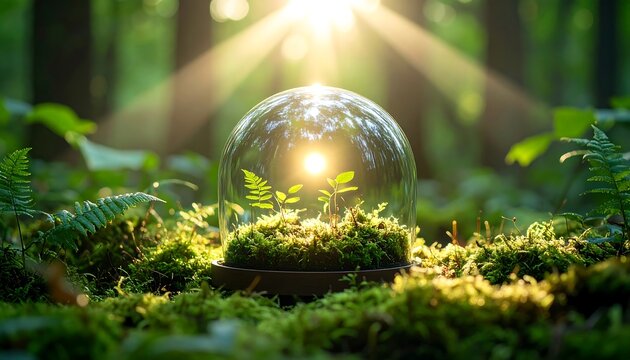 Sunlit Plants Under Glass Dome in Forest Environment