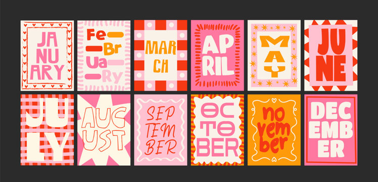 Monthly posters in retro cartoon design. Bright graphics with twelve months and seasonal elements like sun, flower, strawberry. Perfect wall prints for calendars, diaries and seasonal decorations