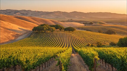ブドウ園。丘陵地帯に向かってブドウの列が伸びる、黄金の時間帯のブドウ園の風景。