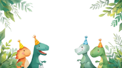 Watercolor illustration of cute cartoon dinosaurs wearing party hats with jungle leaves – birthday celebration frame
