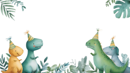 Watercolor illustration of cute cartoon dinosaurs wearing party hats with jungle leaves – birthday celebration frame