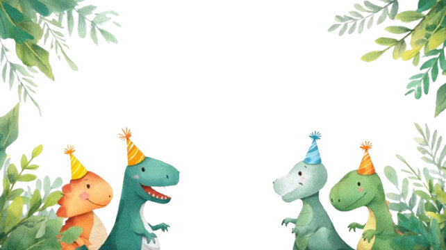 Watercolor illustration of cute cartoon dinosaurs wearing party hats with jungle leaves – birthday celebration frame

