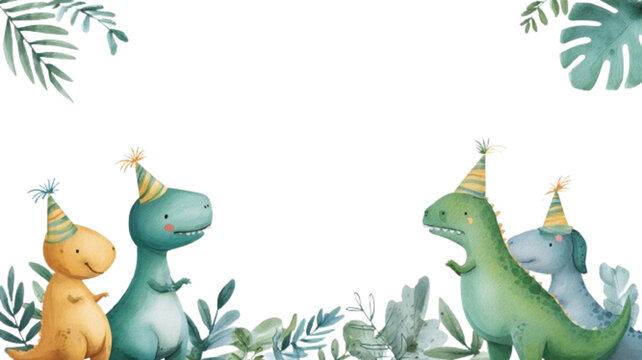 Watercolor illustration of cute cartoon dinosaurs wearing party hats with jungle leaves – birthday celebration frame
