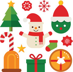 Fototapeta premium Vector art of assortment of flat design christmas icons with a snowman, christmas tree, gift box, candy cane, bauble, and stocking
