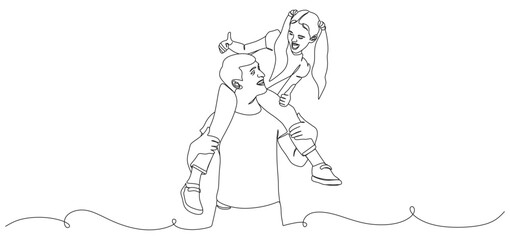 continuous line of a father carrying his daughter happily