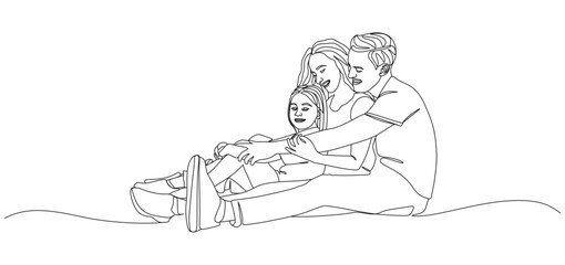 Minimalist continuous line drawing of a happy family sitting together. A father, mother, and child are embracing each other while smiling, symbolizing love, bonding, warmth, and togetherness