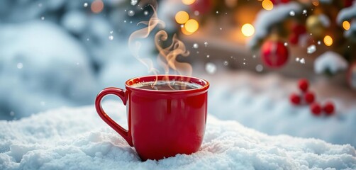 Steaming hot coffee in a red cup against a snowy winter background, festive Christmas vibe,  cozy,  hot