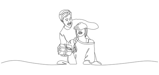 Minimalist continuous line drawing of a man surprising a woman with a gift. The man is covering the woman’s eyes with one hand while holding a present in the other, creating a joyful and romantic 