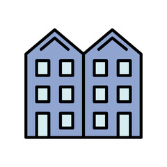 Vector illustration of a flat style apartment building with two connected units and multiple windows. Ideal for real estate projects, housing infographics, city maps, and property development visuals