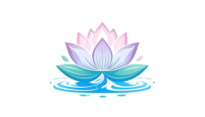 Illustrative lotus blossom, lilac petals on water with aqua leaves, tranquil, peaceful