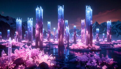 Obraz premium Neon crystal towers in a frozen, floral landscape