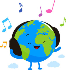 Happy cute planet Earth cartoon with listening to music. International music day. World map with headphones and musical notes. Vector Illustration