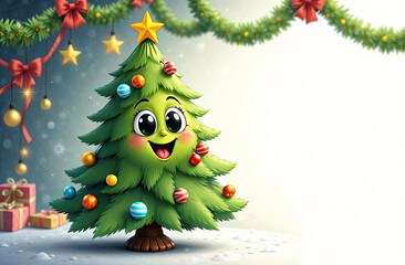 Cartoon happy christmas tree on a fistive Christmas background. Merry Chrisymas banner for kid's shop