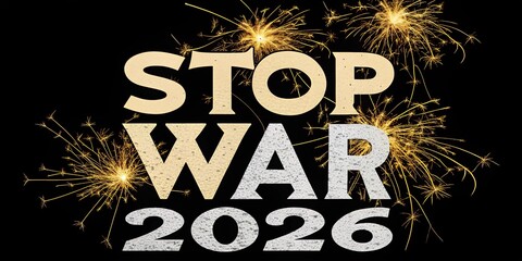 Bold message promoting peace with golden sparks highlighting stop war 2026