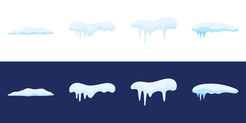 Winter Icicles and Snow Caps Illustration Vector. Winter and cold season decoration vector elements. Snow caps, snowy ice and frozen icicles, vector cartoon icons, isolated on transparent background.