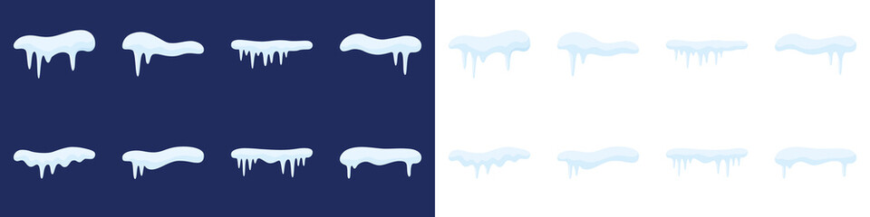 Cold new year, christmas. Winter season background. Snow caps, snowy ice and frozen icicles, vector cartoon icons, isolated on transparent background. Winter Icicles and Snow Caps Illustration Vector.