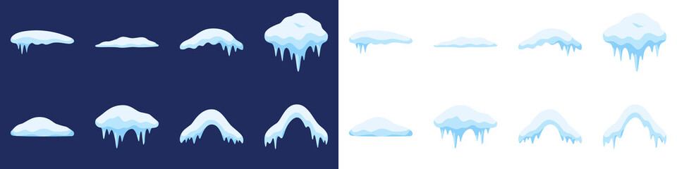 Obraz premium Cold new year, christmas. Winter season background. Snow caps, snowy ice and frozen icicles, vector cartoon icons, isolated on transparent background. Winter Icicles and Snow Caps Illustration Vector.