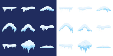 Cold new year, christmas. Winter season background. Snow caps, snowy ice and frozen icicles, vector cartoon icons, isolated on transparent background. Winter Icicles and Snow Caps Illustration Vector.