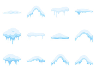 Obraz premium Winter and cold season decoration vector elements. Snow caps, snowy ice and frozen icicles, vector cartoon icons, isolated on transparent background. Winter Icicles and Snow Caps Illustration Vector.