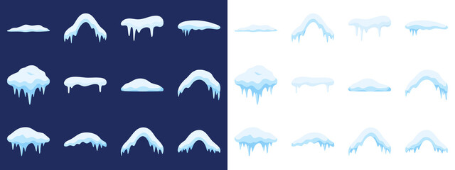 Winter and cold season decoration vector elements. Snow caps, snowy ice and frozen icicles, vector cartoon icons, isolated on transparent background. Winter Icicles and Snow Caps Illustration Vector.