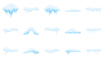 Winter and cold season decoration vector elements. Snow caps, snowy ice and frozen icicles, vector cartoon icons, isolated on transparent background. Winter Icicles and Snow Caps Illustration Vector.