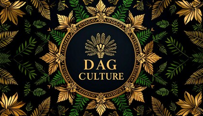 Gold-framed, dark-themed design with stylized foliage and text