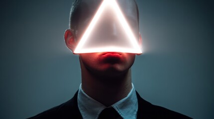 A mysterious figure with a triangular light overlaying their face, dressed in a suit, creating an intriguing and surreal atmosphere.