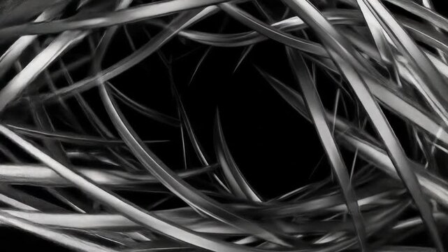 Abstract Metallic Silver Lines and Curved Shapes on Black Background Creating a Modern and Geometric Design with a Shiny and Textured Surface