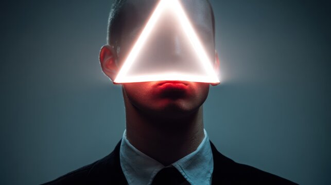 A mysterious figure with a triangular light overlaying their face, dressed in a suit, creating an intriguing and surreal atmosphere.