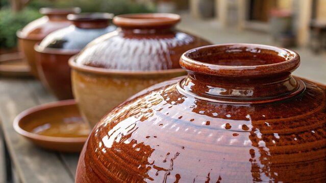 Close look at vibrant clay pottery glazes in a craft studio with multiple containers displaying unique designs
