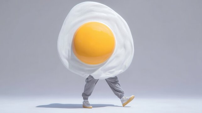 A whimsical depiction of a person walking with a giant egg yolk, blending humor and creativity in a unique visual concept.