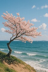 Cherry Blossom Tree on Coastline with Ocean View, Sakura