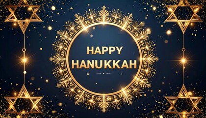 Gold-framed "Happy Hanukkah" greeting, dark blue background