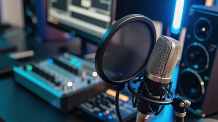 Microphone in a modern recording studio with audio equipment and vibrant lighting.