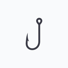 A simple illustration of a dark colored metal fishing hook on white