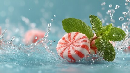 Floating mint leaves and white candies suspended in air