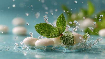 Floating mint leaves and white candies suspended in air