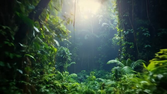 Lush Green Jungle Forest with Dense Foliage and Bright Sunlight Streaming Through the Canopy Creating a Vibrant and Mystical Scene
