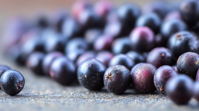 Macro closeup of glistening black crowberries on a textured surface with a muted outdoor background, showcasing rich dark tones and natural sheen, perfect for nature and food imagery