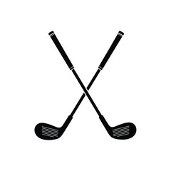 A simple graphic representation of two crossed golf clubs in black