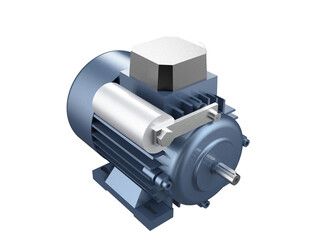 Modern Blue Electric Motor with Capacitor - 3D High-Detail Industrial AC Motor. Essential Electrical Equipment for Power Generation, Manufacturing and Automation. Energy-Efficient, Transparent PNG.