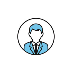 Simple profile icon depicting a suited figure within a circular frame