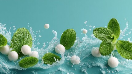 Floating mint leaves and white candies suspended in air