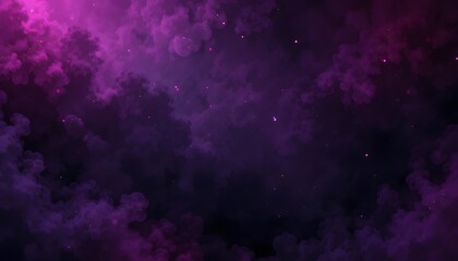 Dark night sky background with purple and magenta neon glowing clouds and stars
