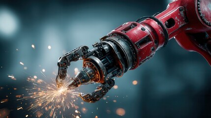 Red robotic arm performing high precision work