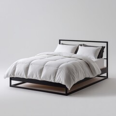 Obraz premium Minimalist Bed Setup: A modern bedroom design showcases a bed frame with comfortable pillows and soft bedding, evoking a sense of comfort and style. 