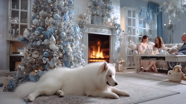 White samoyed dog in home interior near decorated christmas tree and fireplace. Family gathered for winter holiday. Cozy tree, dog, family and fireplace create perfect christmas home moment