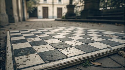 Faded monochrome checkerboard on a weathered pavement in a quiet outdoor space