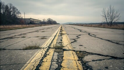 Cracked road lines fading into the distance under a cloudy sky in a rural area